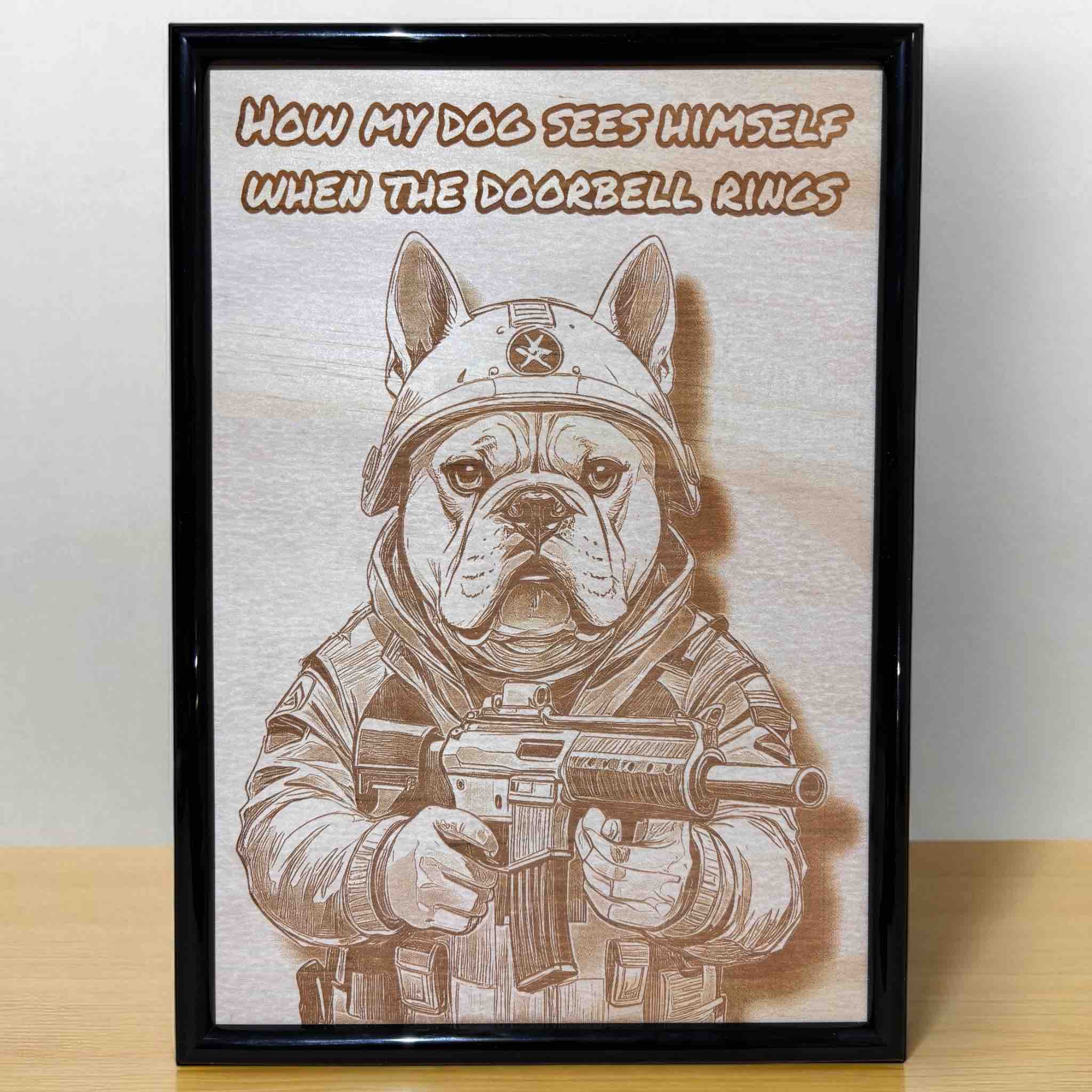 Wood engraved decor featuring a tactical dog and humorous saying, displayed in a living room – Laser Design Creations.