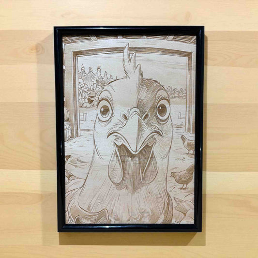 Funny chicken wood engraved art in black frame, handcrafted farmhouse wall decor by Laser Design Creations, Australia.