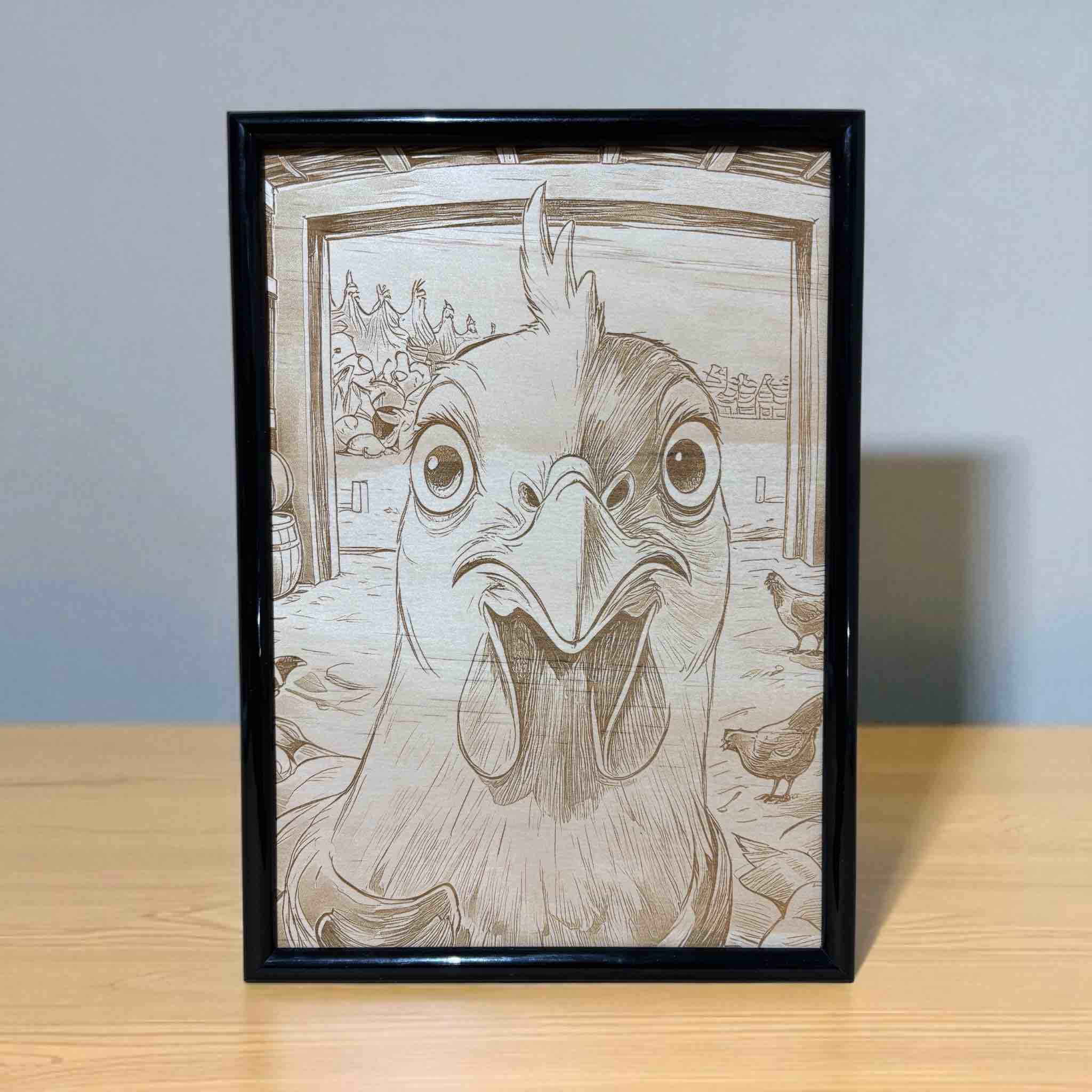Funny chicken wood engraved art in black frame, handcrafted farmhouse wall decor by Laser Design Creations, Australia.