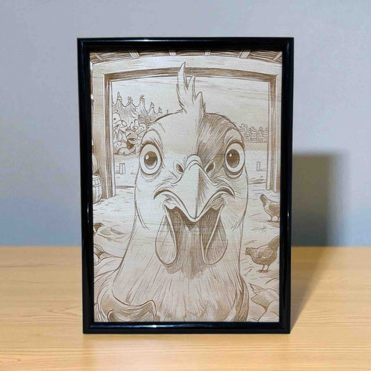 Funny chicken wood engraved art in black frame, handcrafted farmhouse wall decor by Laser Design Creations, Australia.