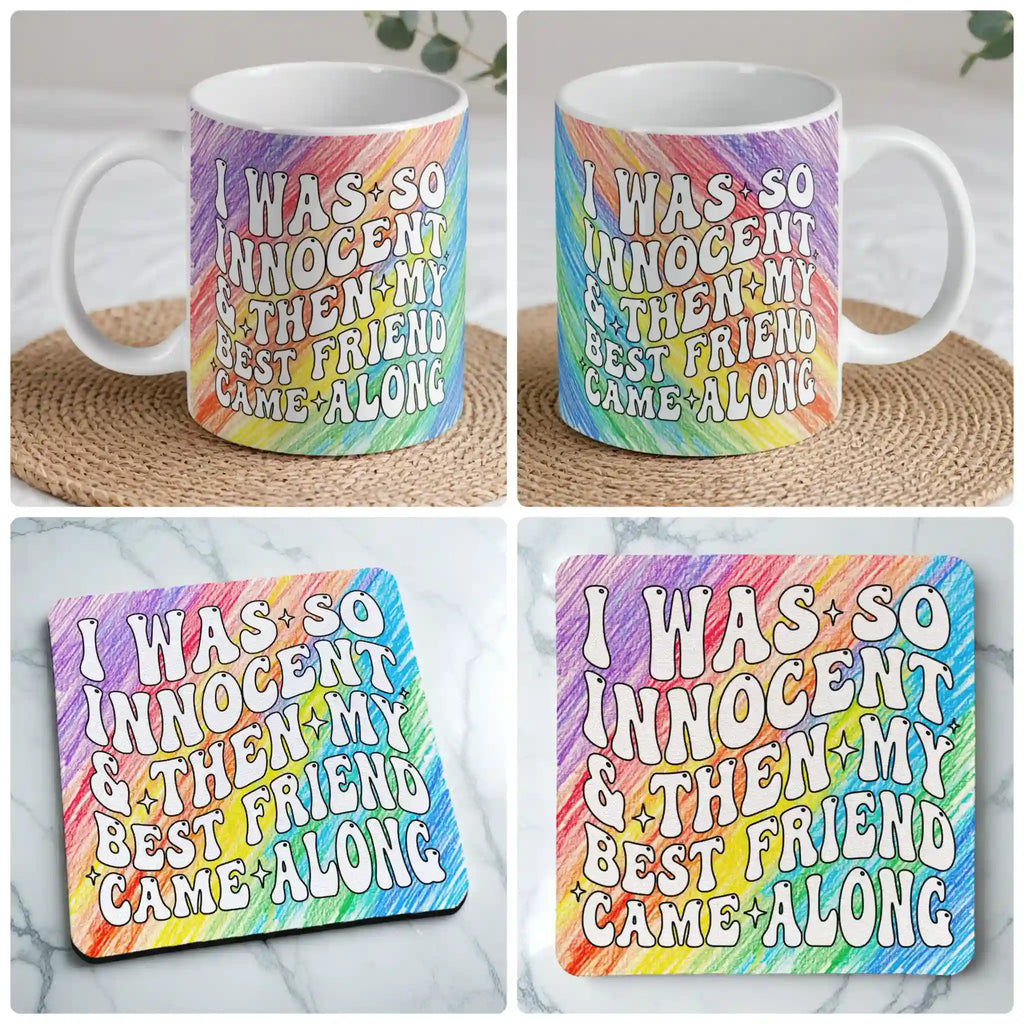 I Was So Innocent mug and coaster combo gift set collage, colourful retro rainbow pencil texture quote on a clean studio background, by Laser Design Creations.