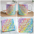 I Was So Innocent mug and coaster combo gift set collage, colourful retro rainbow pencil texture quote on a clean studio background, by Laser Design Creations.