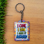 I Came I Saw I Made It Awkward acrylic keyring by Laser Design Creations, featuring vibrant patterns and meme humour.