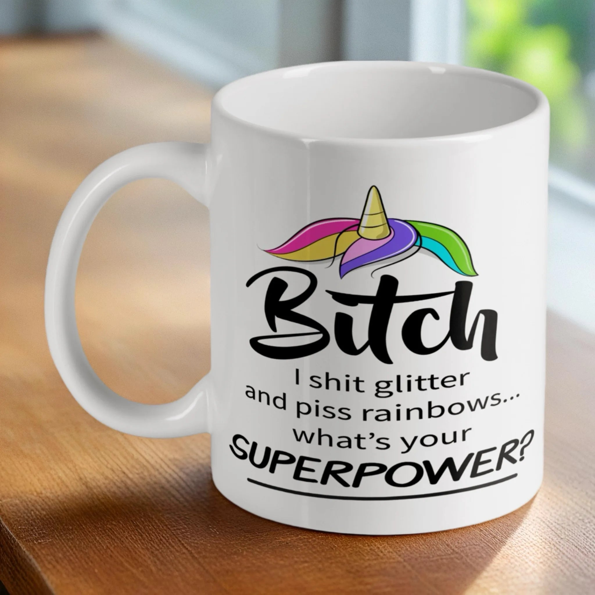 Sassy 'I Shit Glitter' Unicorn ceramic mug by Laser Design Creations, featuring a funny quote with a colourful unicorn horn.
