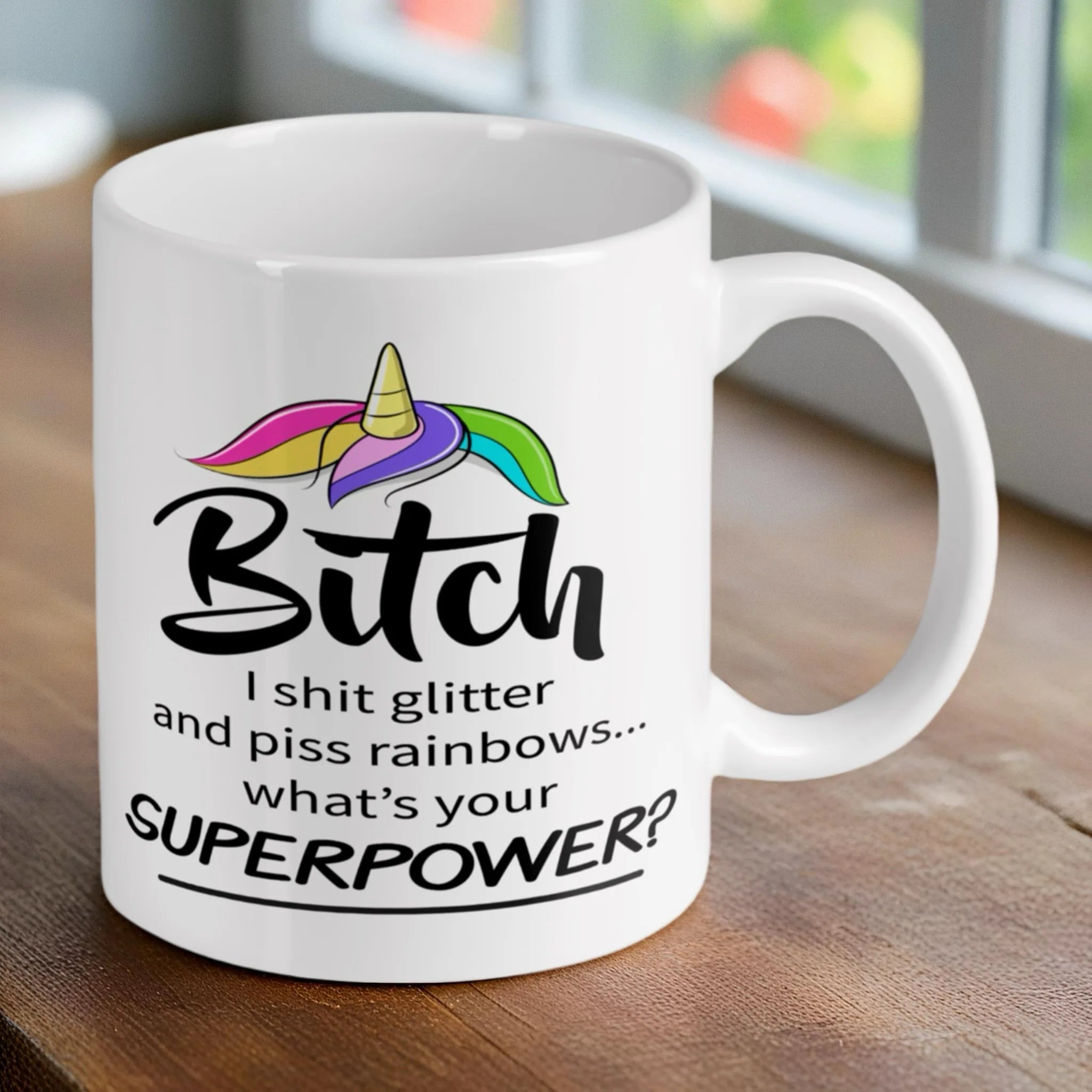 Reverse side of Sassy 'I Shit Glitter' Unicorn ceramic mug, showcasing the wrap-around artwork by Laser Design Creations.