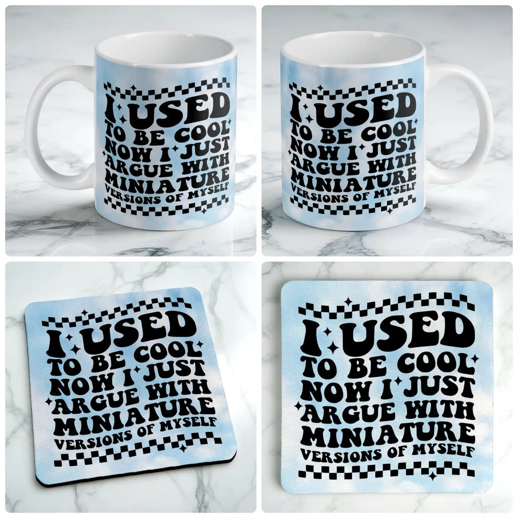 I Used To Be Cool mug and coaster combo gift set collage, retro wavy parenting quote on blue clouds and checkers, by Laser Design Creations.