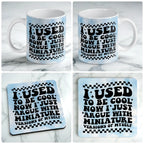 I Used To Be Cool mug and coaster combo gift set collage, retro wavy parenting quote on blue clouds and checkers, by Laser Design Creations.