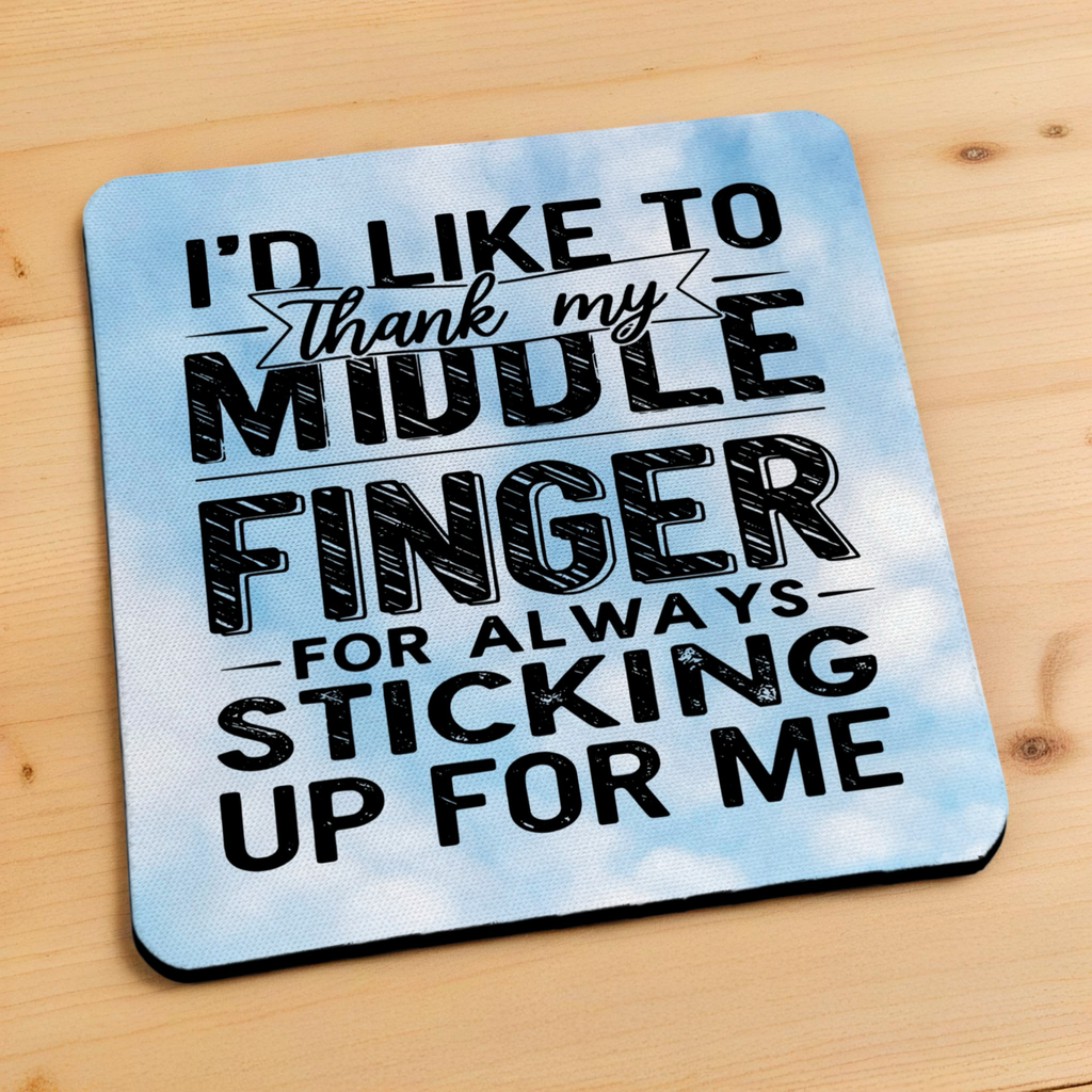 Side view of Thank My Middle Finger neoprene coaster with a detailed edge and blue sky design, by Laser Design Creations.