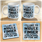 Thank My Middle Finger mug and coaster combo gift set collage, sarcastic typography with a blue sky background, by Laser Design Creations.