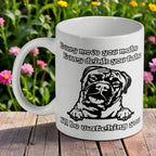 'I'll Be Watching You' Bullmastiff ceramic mug by Laser Design Creations, featuring a humorous graphic of a watchful dog.