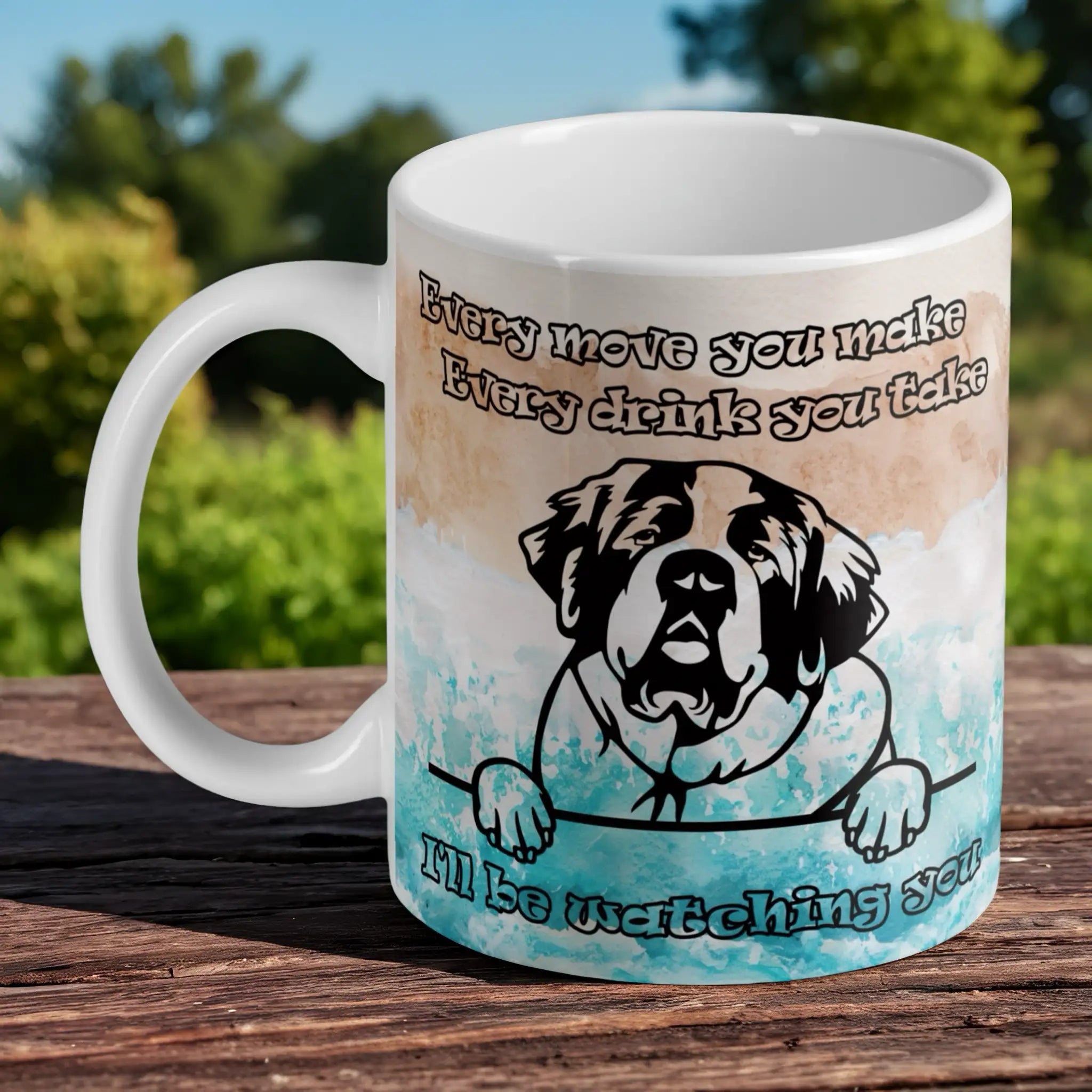 Humorous peeking St. Bernard 'I'll be watching you' ceramic mug by Laser Design Creations, featuring a line-art illustration with a watercolour background.