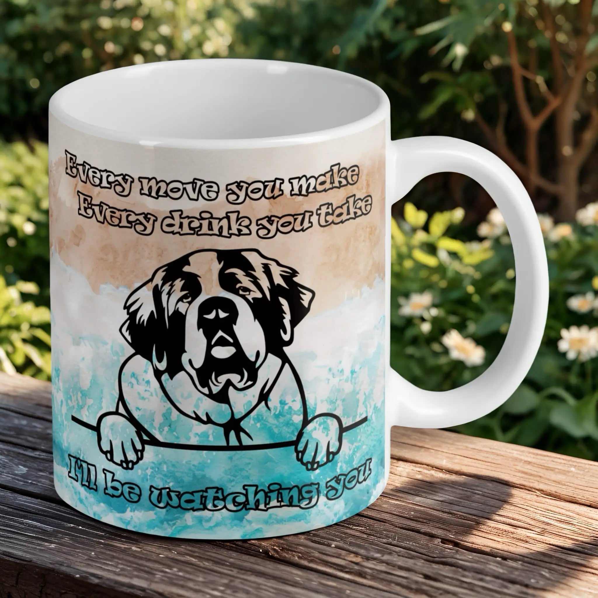 Reverse side of humorous peeking St. Bernard 'I'll be watching you' ceramic mug, showcasing the line-art illustration with a watercolour background by Laser Design Creations.
