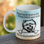 Funny Peeking Pomeranian ceramic mug by Laser Design Creations, featuring a humorous watercolour Pomeranian with the quote 'I'll be watching you' on a white background.