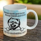 Reverse side of Funny Peeking Pomeranian ceramic mug, showcasing the humorous 'I'll be watching you' Pomeranian design on a clean white background by Laser Design Creations.