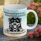 Reverse side of Peeking Rottweiler ceramic mug, showcasing the funny text 'Every move you make, every drink you take, I'll be watching you.' alongside an illustrative Rottweiler with a watercolour style by Laser Design Creations.