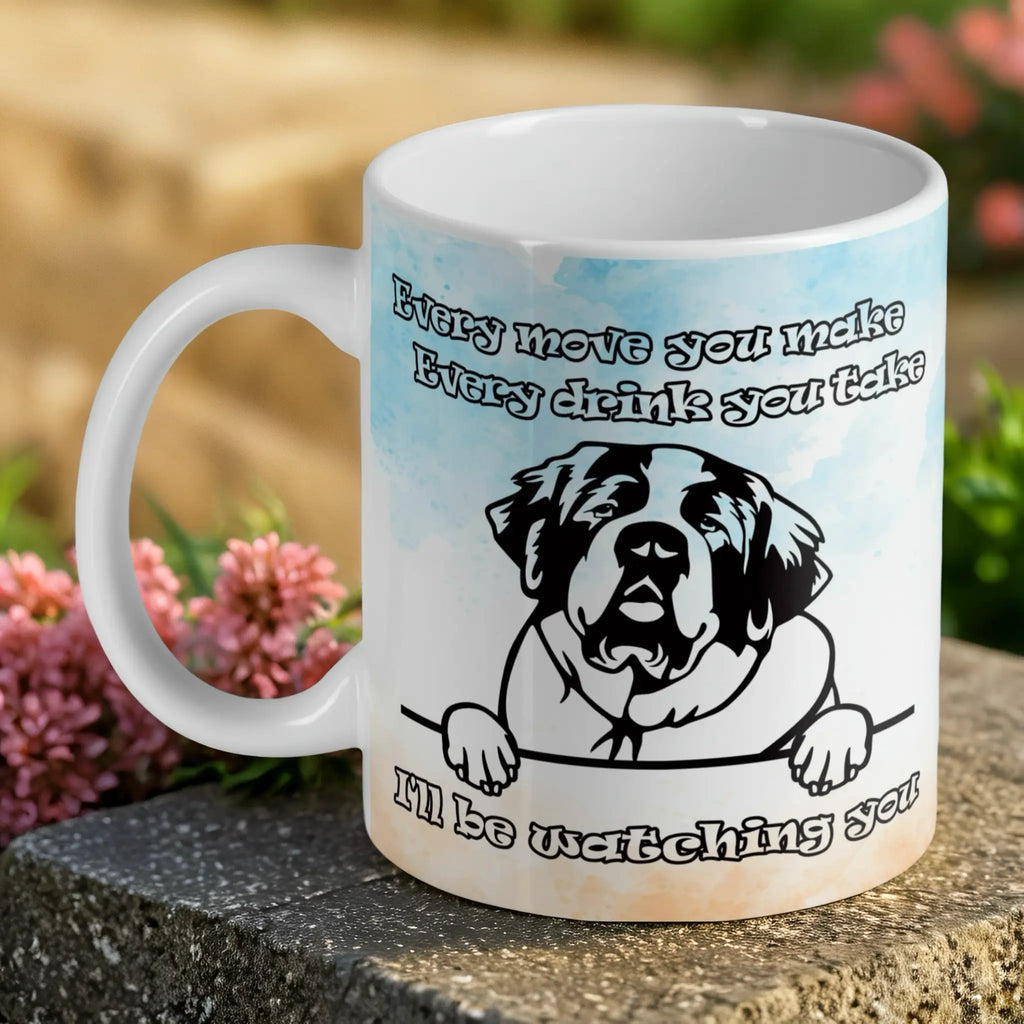 Humorous peeking St. Bernard 'I'll be watching you' ceramic mug by Laser Design Creations, featuring a line-art illustration with a watercolour background.