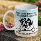 Humorous peeking St. Bernard 'I'll be watching you' ceramic mug by Laser Design Creations, featuring a line-art illustration with a watercolour background.