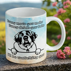 Reverse side of humorous peeking St. Bernard 'I'll be watching you' ceramic mug, showcasing the line-art illustration with a watercolour background by Laser Design Creations.