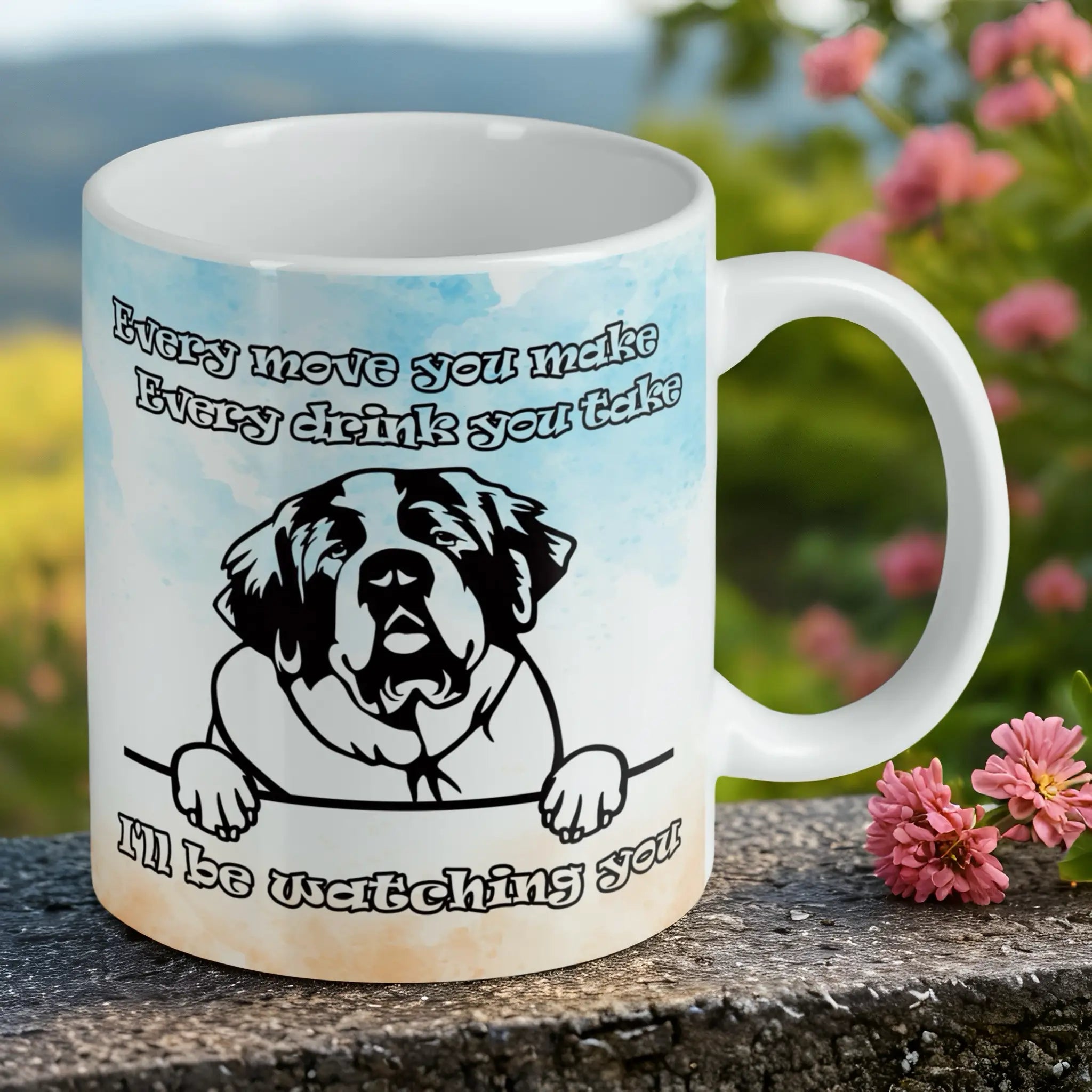 Reverse side of humorous peeking St. Bernard 'I'll be watching you' ceramic mug, showcasing the line-art illustration with a watercolour background by Laser Design Creations.