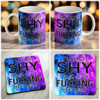 I'm Not Shy I Don't Like You mug and coaster combo gift set collage, sarcastic quote typography and vibrant purple watercolour nebula smoke backdrop, by Laser Design Creations.