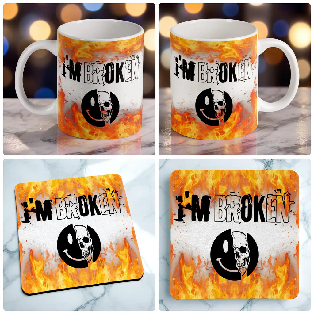 I'm Broken Skull Smiley mug and coaster combo gift set collage, goth skull and smiley face on a dark grunge flame background, by Laser Design Creations.