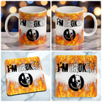 I'm Broken Skull Smiley mug and coaster combo gift set collage, goth skull and smiley face on a dark grunge flame background, by Laser Design Creations.