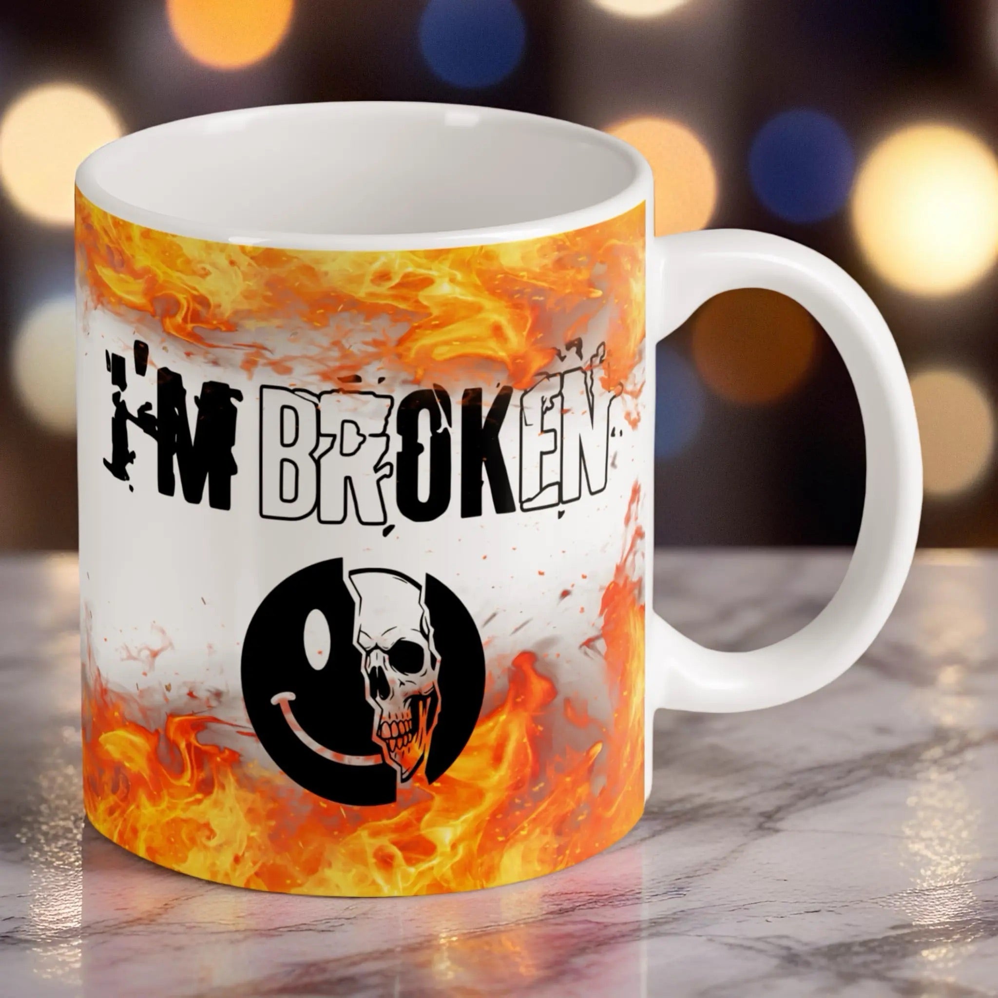 Reverse side of I'm Broken Skull Smiley mug, displaying the dual smiley face and skull alternative design by Laser Design Creations.