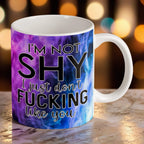 Reverse side of I'm Not Shy I Don't Like You mug, a wrap-around vibrant purple watercolour nebula smoke design with bold typography by Laser Design Creations.