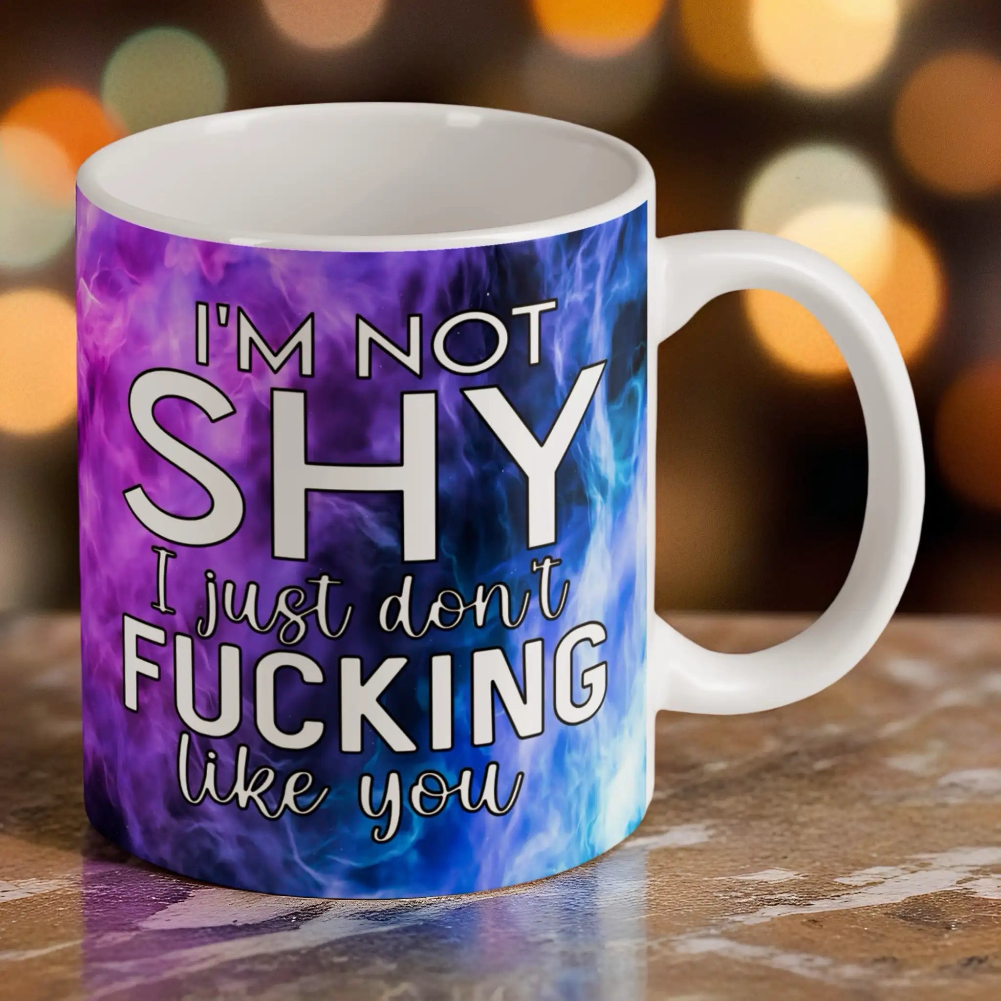 Reverse side of I'm Not Shy I Don't Like You mug, a wrap-around vibrant purple watercolour nebula smoke design with bold typography by Laser Design Creations.