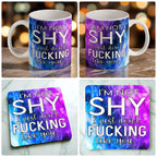 I'm Not Shy I Don't Like You mug and coaster combo gift set collage, sarcastic quote typography and vibrant purple watercolour nebula smoke backdrop, by Laser Design Creations.