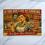 If You Don't Like My Cooking Just Lower Your Standards retro pin-up art chopping board from Laser Design Creations