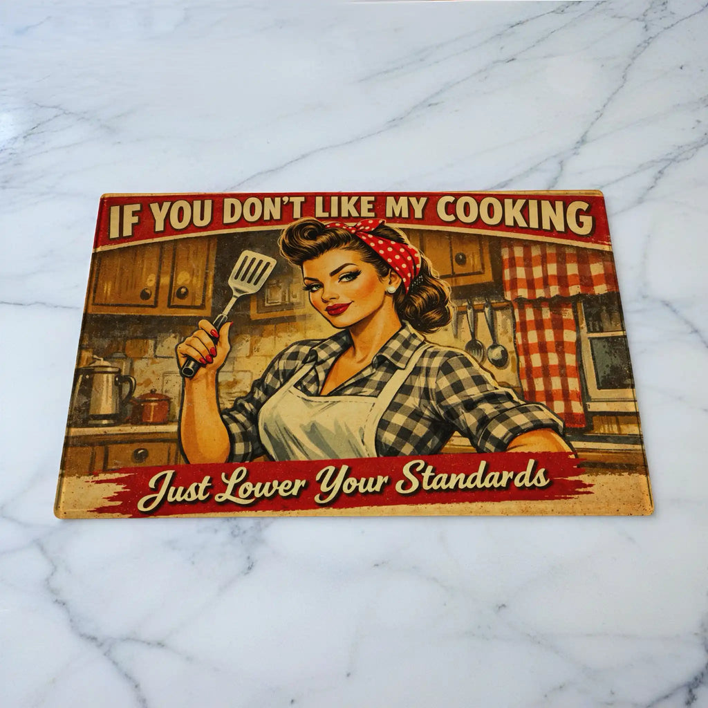 Funny vintage cooking quote chopping board by Laser Design Creations, featuring a retro pin-up style illustration and humorous typography.