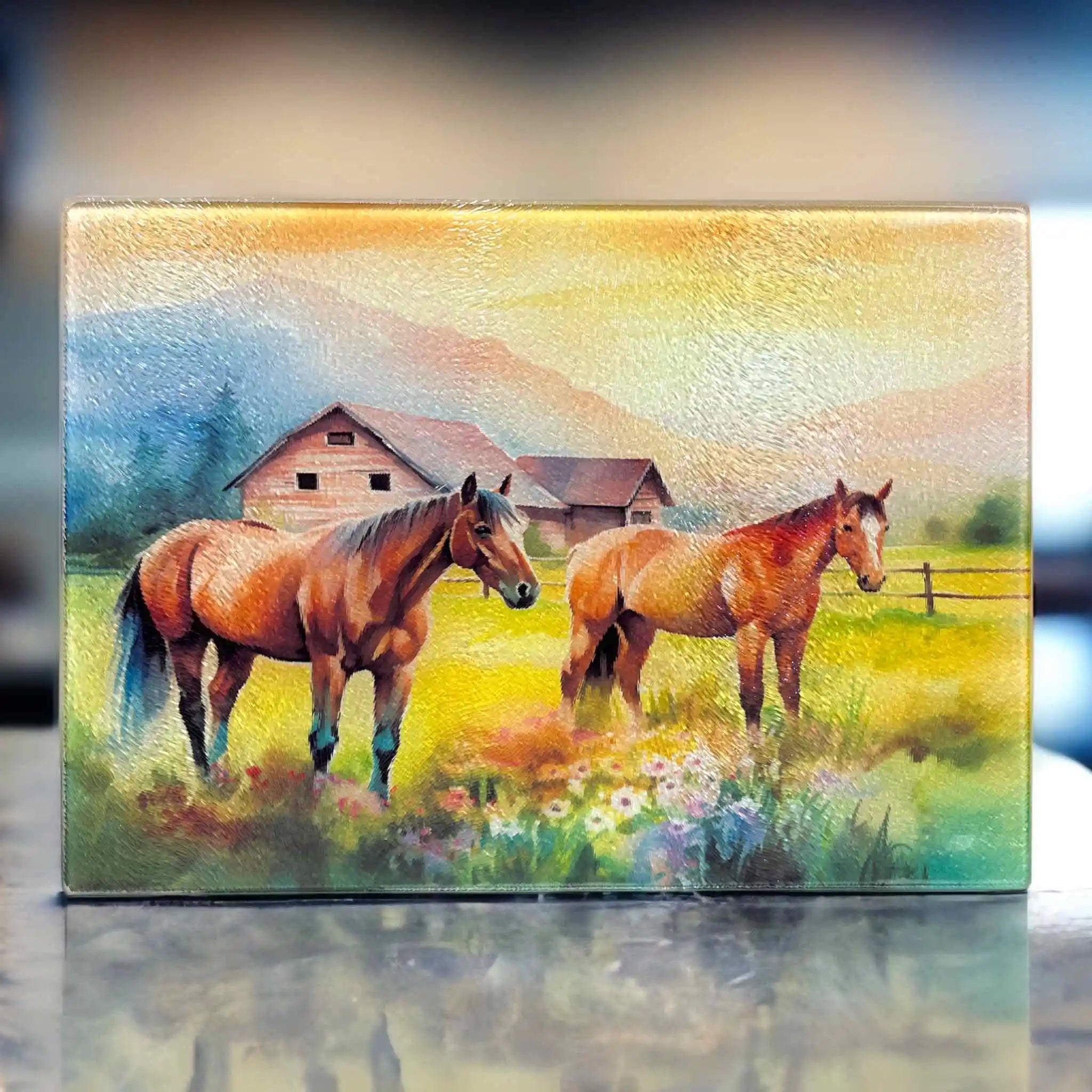 An impressionistic painting of horses in a farm scene on a chopping board from Laser Design Creations