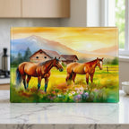 An impressionistic painting of horses in a farm scene on a chopping board from Laser Design Creations