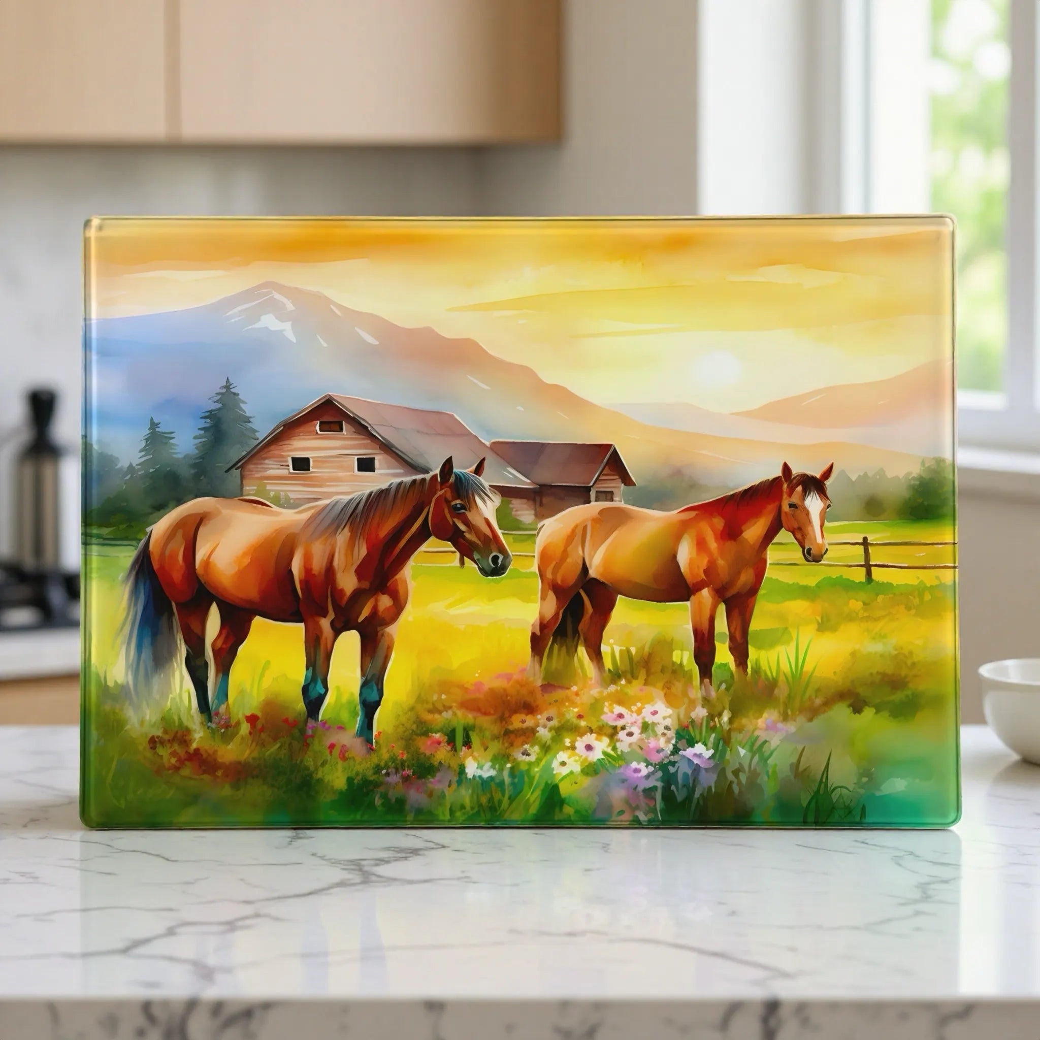 An impressionistic painting of horses in a farm scene on a chopping board from Laser Design Creations