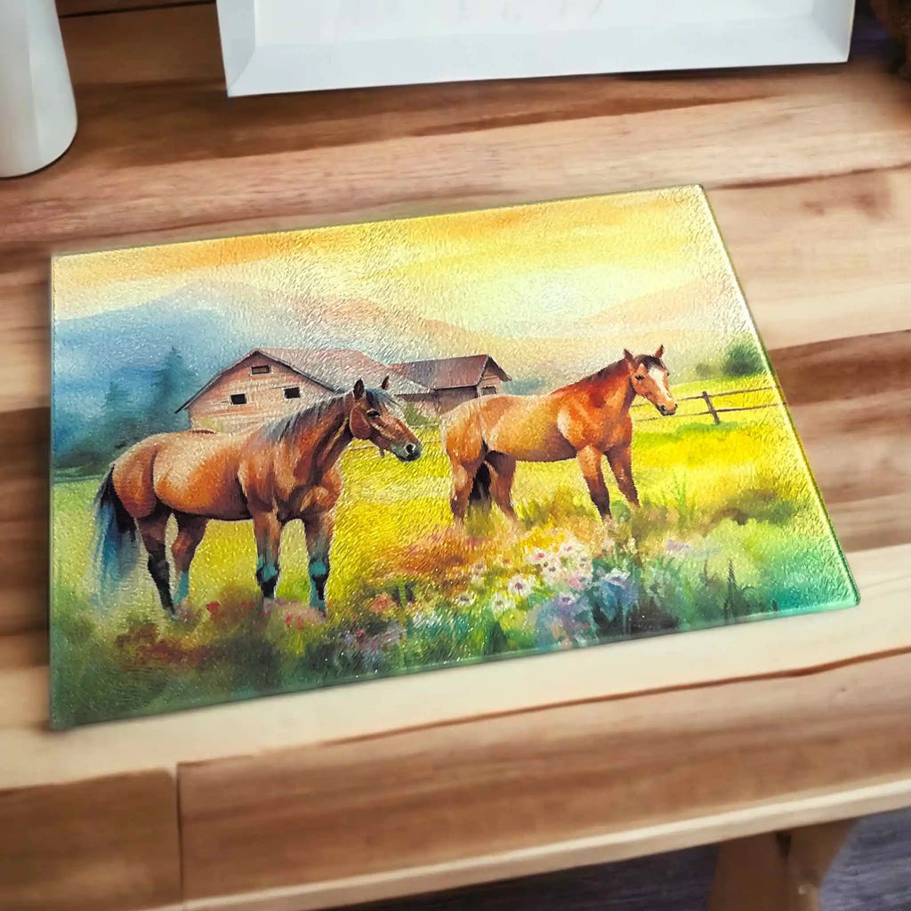Painterly Horses Farm Scene chopping board by Laser Design Creations, featuring an impressionist-style artwork of horses in a country farm setting.