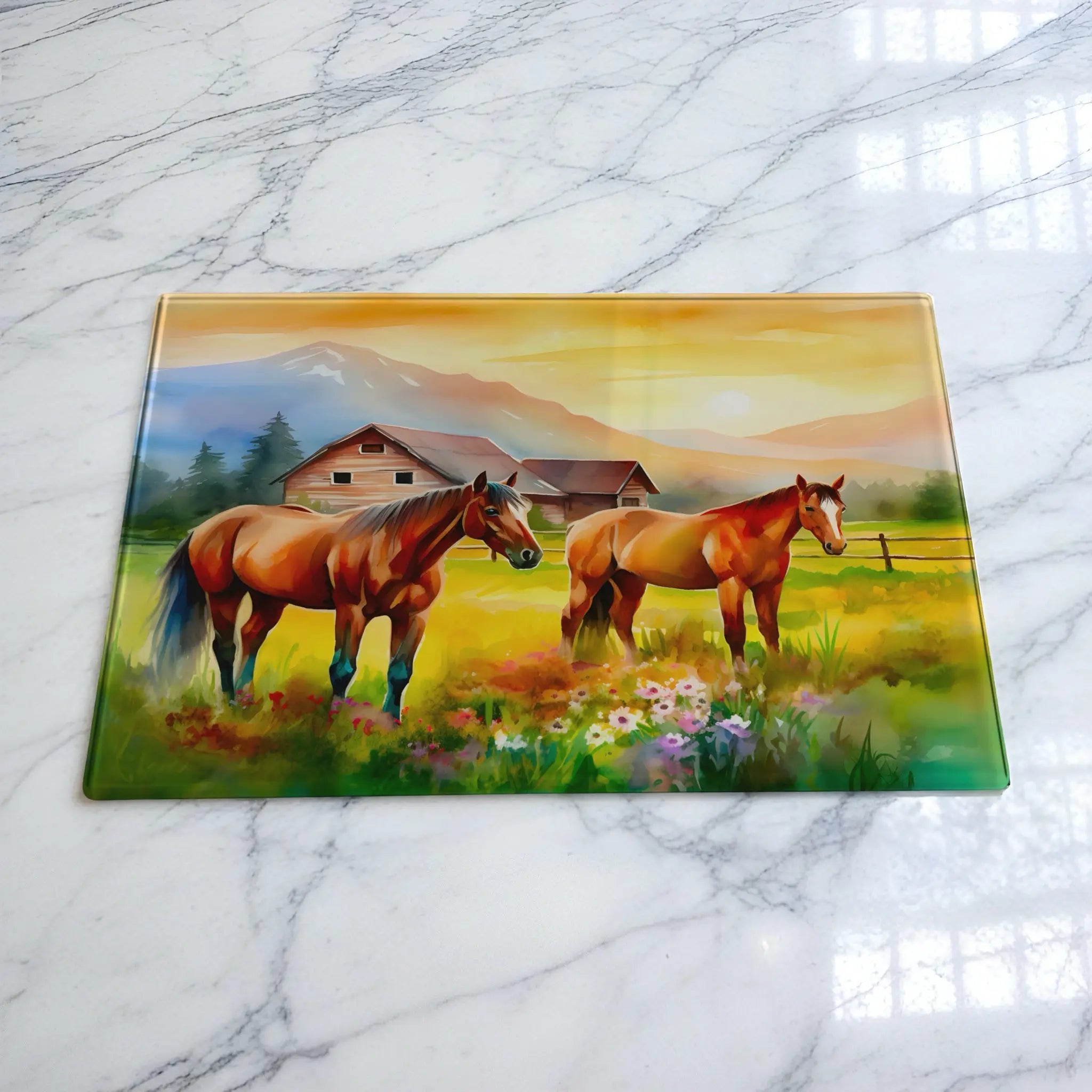 Painterly Horses Farm Scene chopping board by Laser Design Creations, featuring an impressionist-style artwork of horses in a country farm setting.
