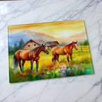 Painterly Horses Farm Scene chopping board by Laser Design Creations, featuring an impressionist-style artwork of horses in a country farm setting. Displayed on a marble countertop.
