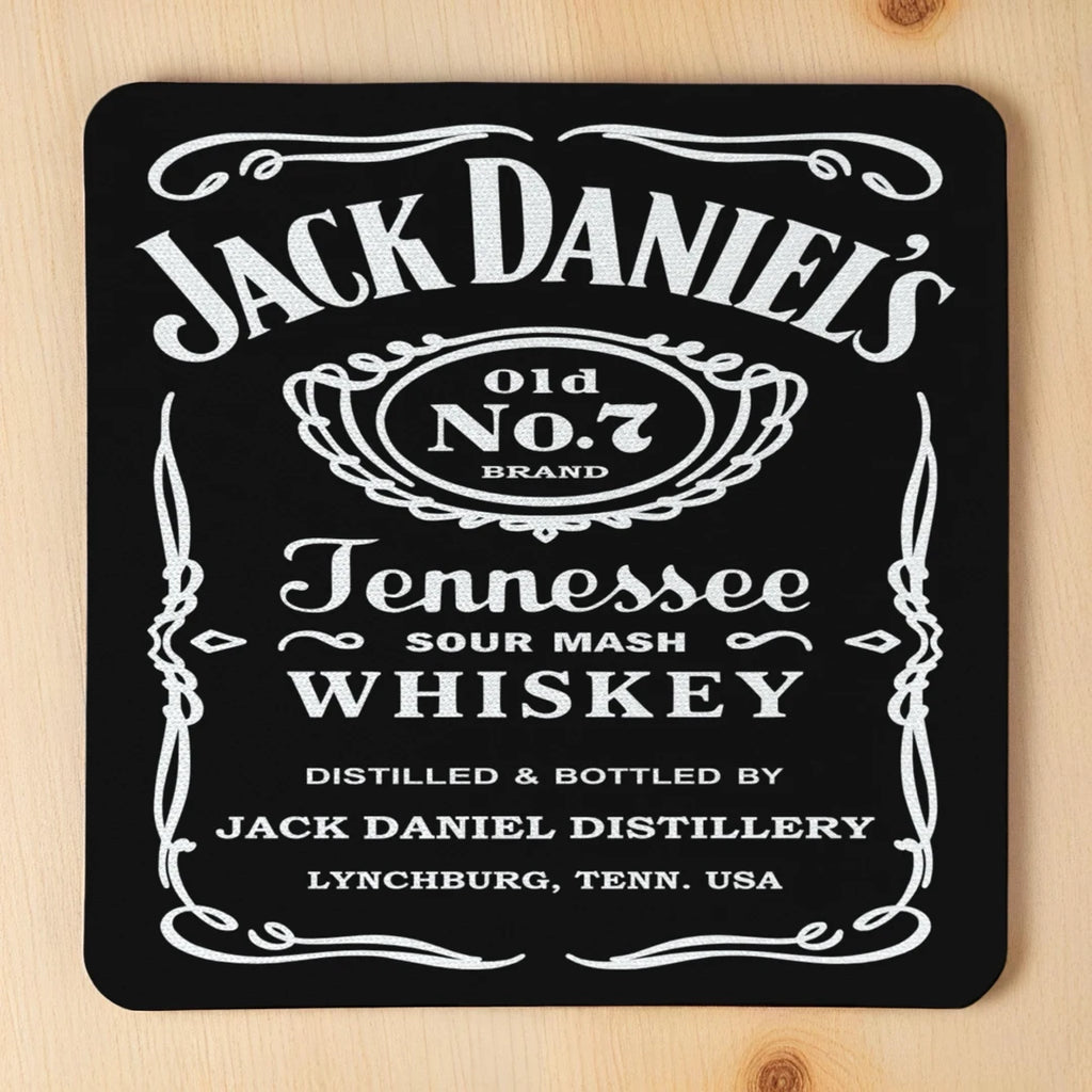 Jack Daniel's Old No. 7 neoprene coasters by Laser Design Creations, featuring the iconic Tennessee Sour Mash Whiskey branding on a clean, professional background.