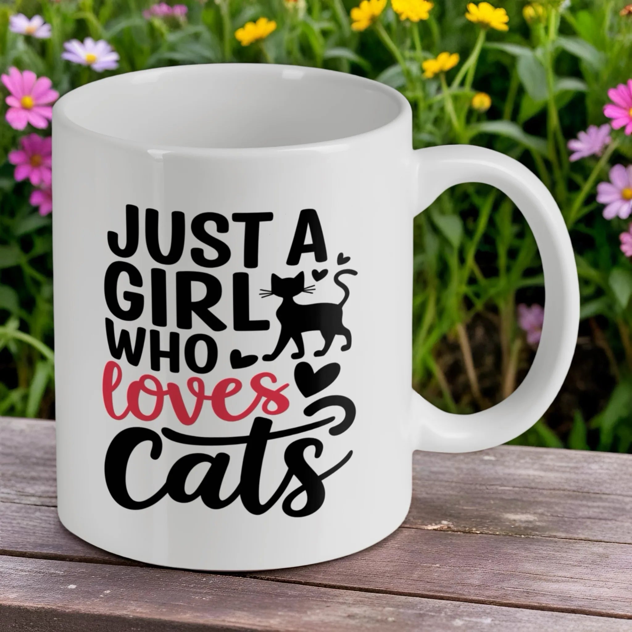 Reverse side of "Just a Girl Who Loves Cats" ceramic mug, showcasing the wrap-around artwork by Laser Design Creations.
