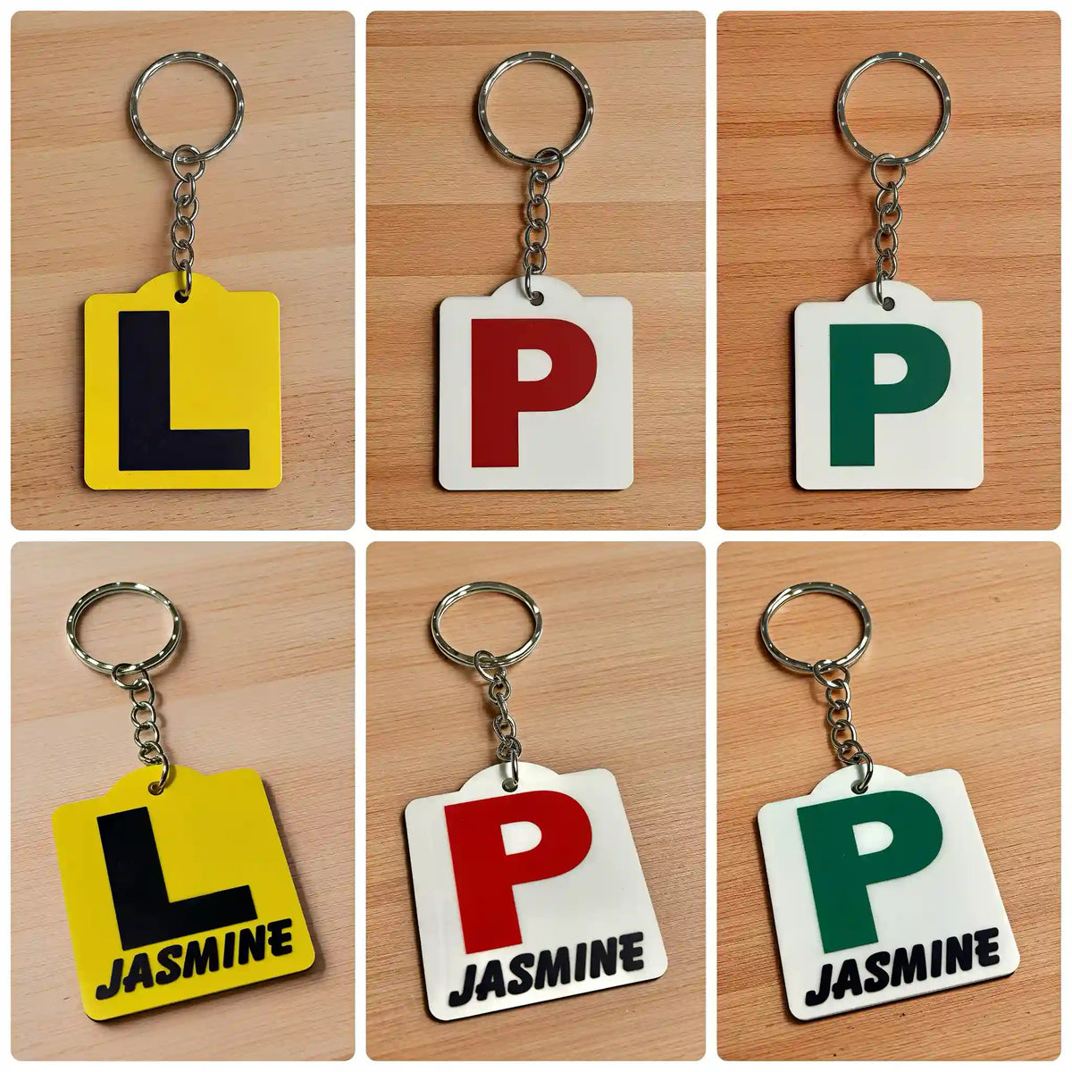 Lifestyle collage image of Learner & Provisional P Plate acrylic keyrings in standard & custom personalised variants, printed by Australian small business Laser Design Creations.