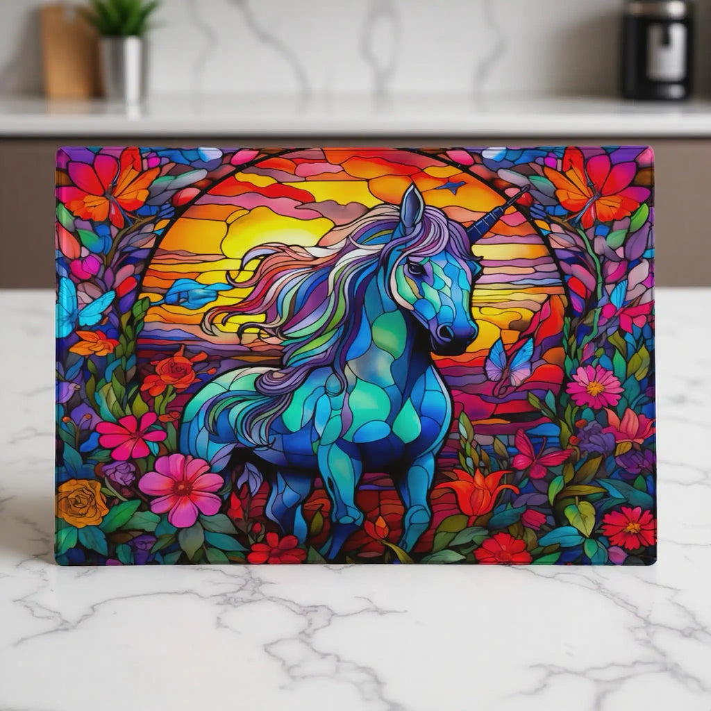 A vibrant, artistic design of a unicorn in a stained-glass style, surrounded by colourful flowers, printed on a chopping board from Laser Design Creations