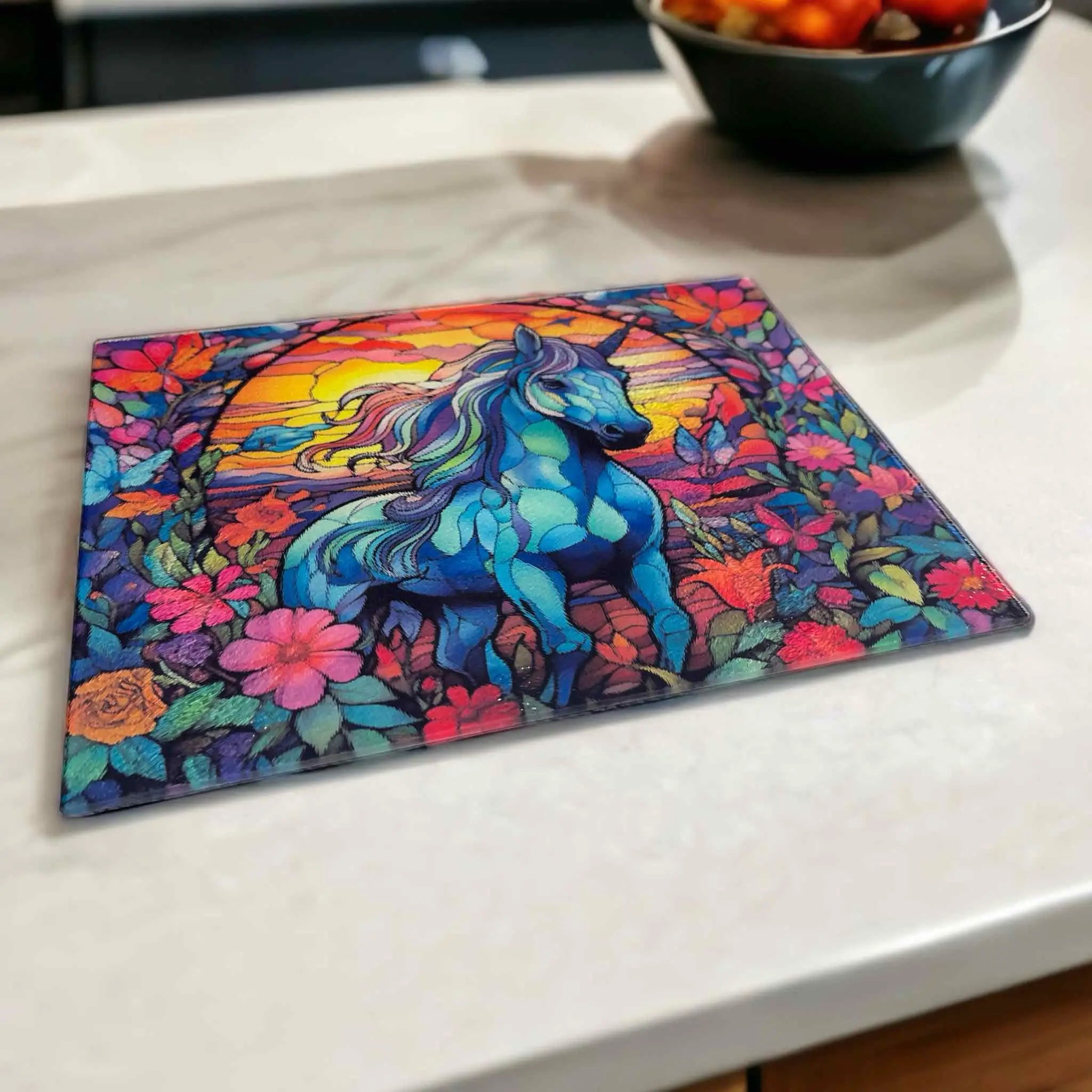 Stained Glass Unicorn Flowers chopping board by Laser Design Creations, featuring a magical unicorn created in an artistic, stained-glass style with a floral background.