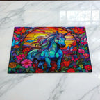 Stained Glass Unicorn Flowers chopping board by Laser Design Creations, featuring a magical unicorn created in an artistic, stained-glass style with a floral background.