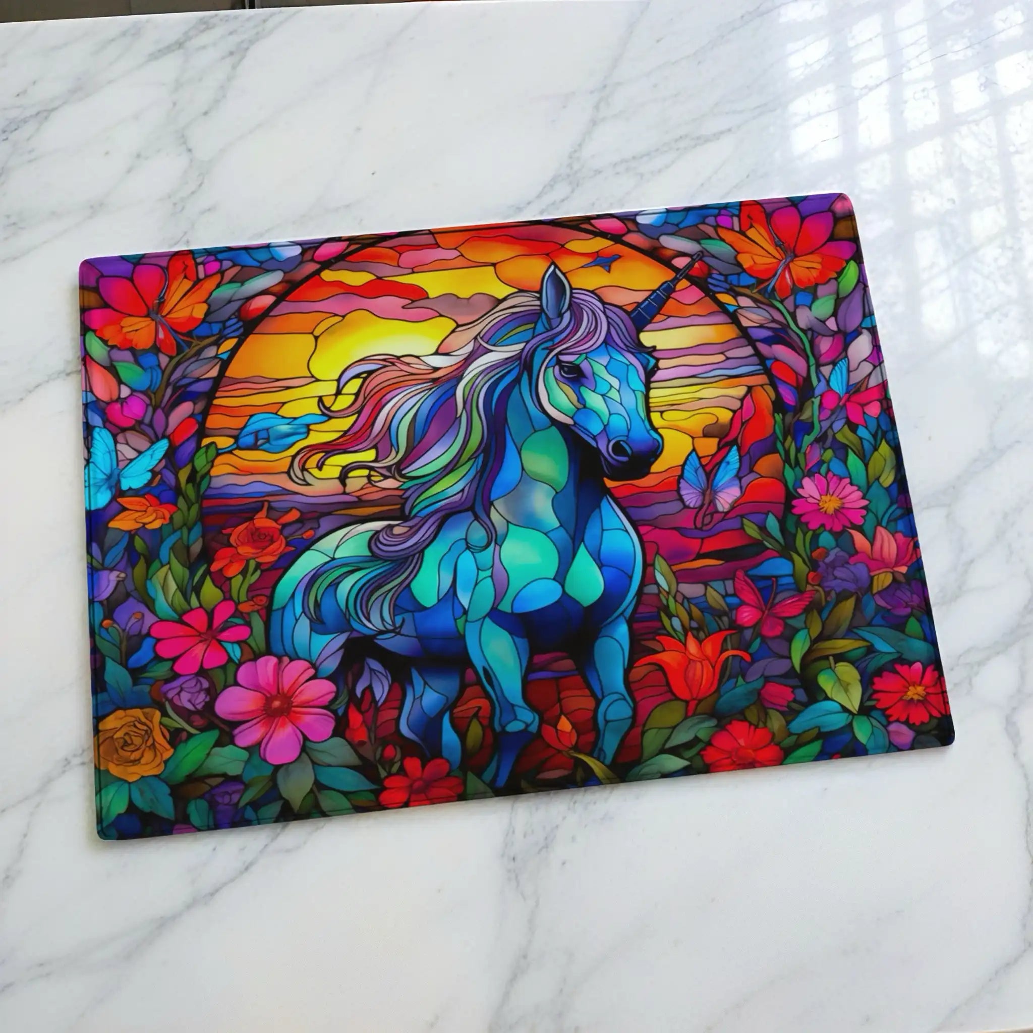 Stained Glass Unicorn Flowers chopping board by Laser Design Creations, featuring a magical unicorn created in an artistic, stained-glass style with a floral background. Displayed on a marble countertop.