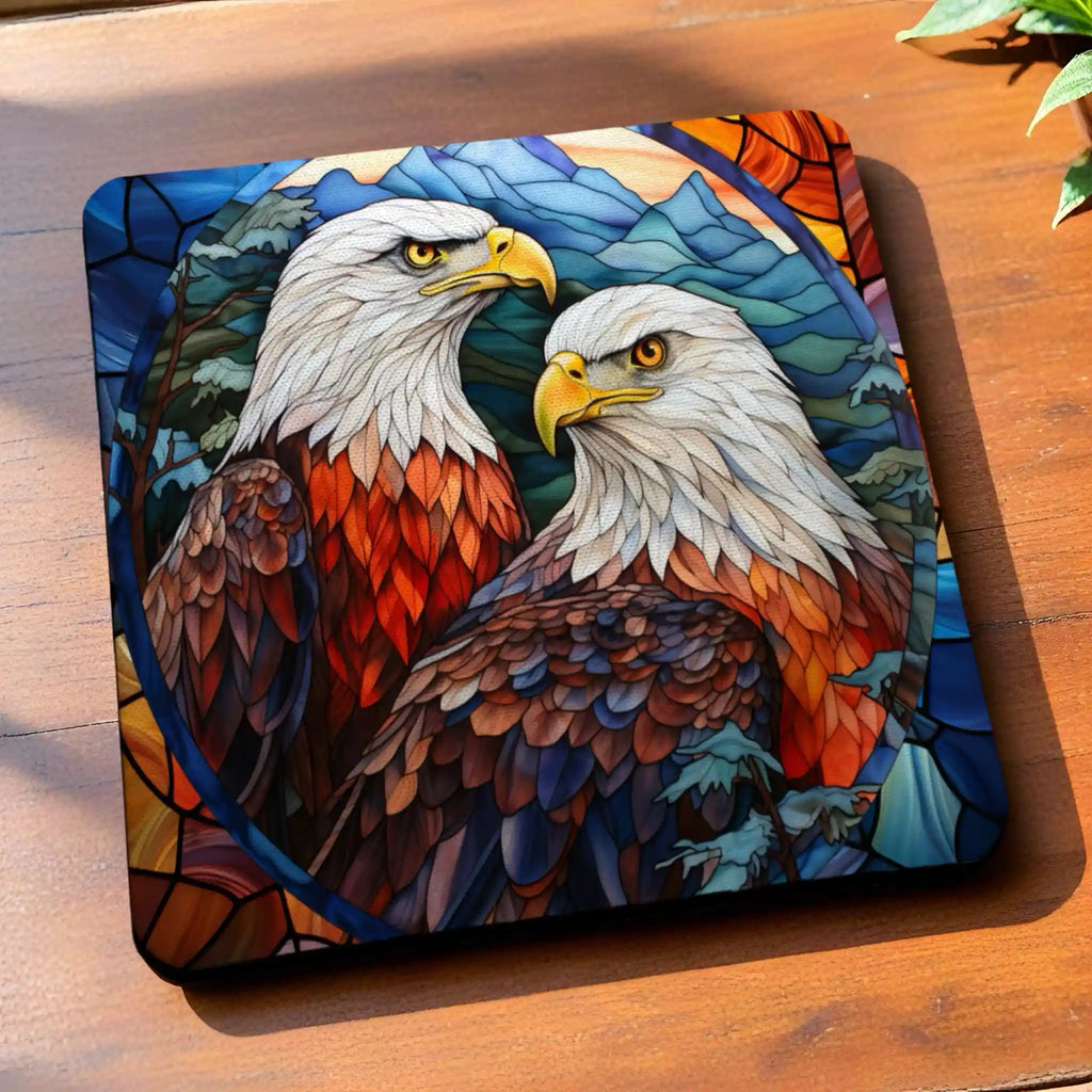 Side view of Majestic Bald Eagle Style 1  neoprene coasters, showcasing a vibrant stained glass art style depiction of a bald eagle with colourful light-refracting patterns by Laser Design Creations.