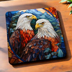Side view of Majestic Bald Eagle Style 1  neoprene coasters, showcasing a vibrant stained glass art style depiction of a bald eagle with colourful light-refracting patterns by Laser Design Creations.