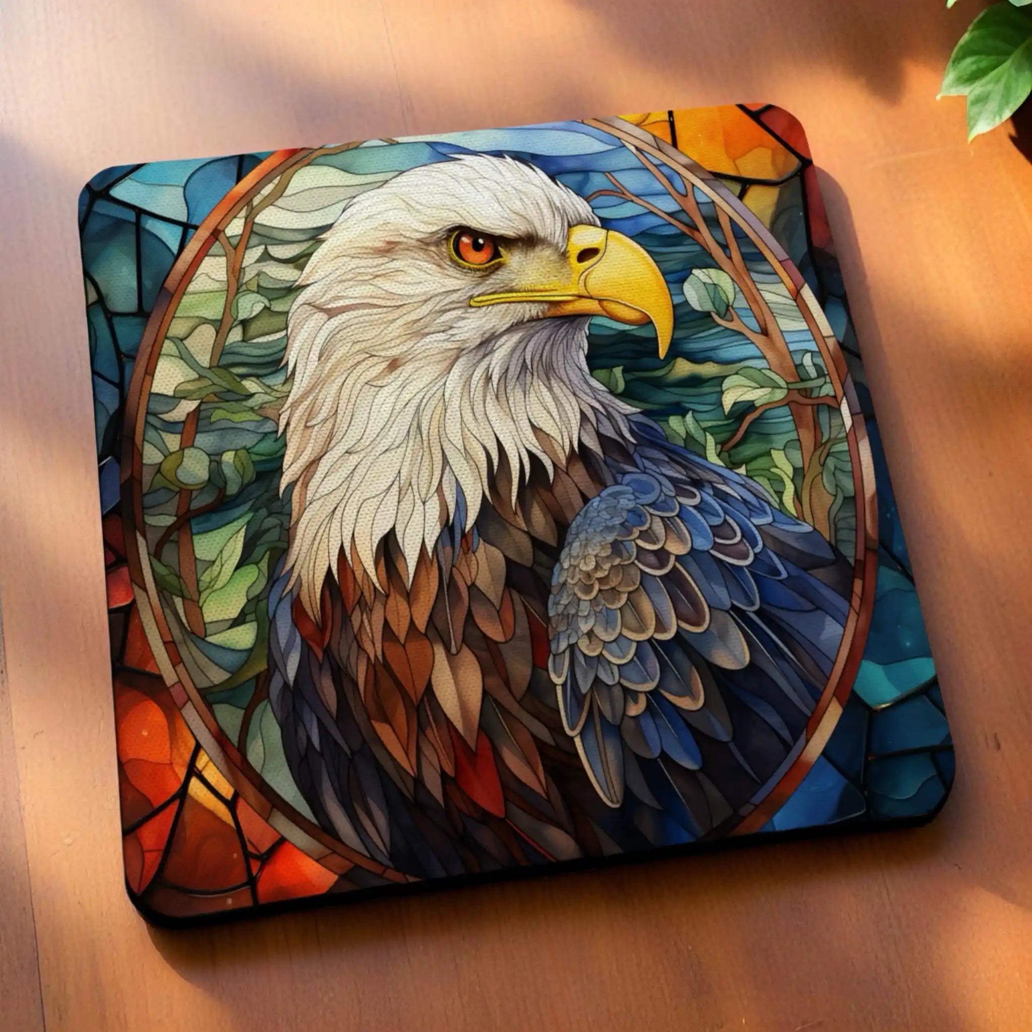 Side view of Majestic Bald Eagle Style 2  neoprene coasters, showcasing a vibrant stained glass art style depiction of a bald eagle with colourful light-refracting patterns by Laser Design Creations.