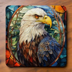 Majestic Bald Eagle Style 2 neoprene coasters by Laser Design Creations, featuring a bald eagle designed in a striking, multicoloured stained glass style.