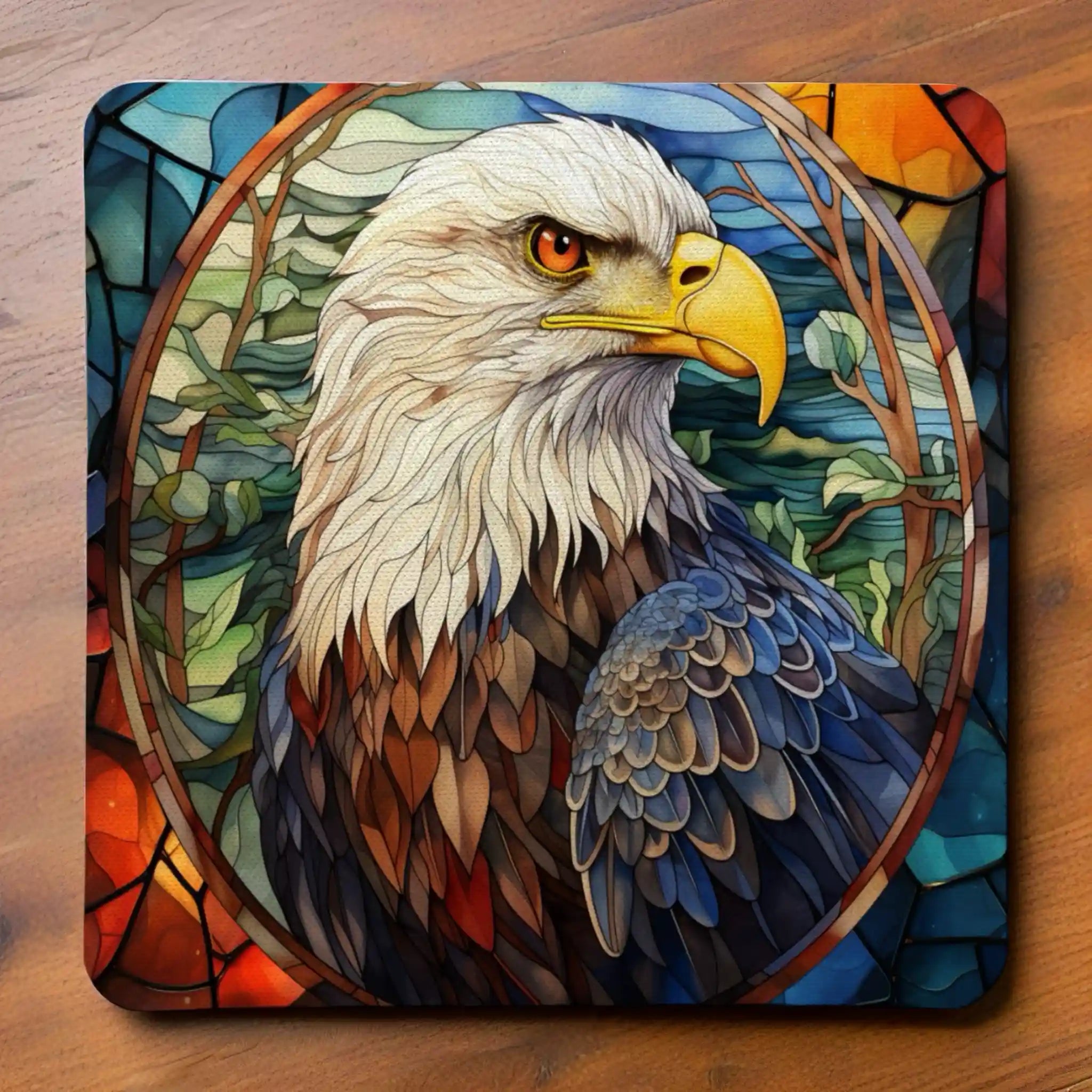 Majestic Bald Eagle Style 2 neoprene coasters by Laser Design Creations, featuring a bald eagle designed in a striking, multicoloured stained glass style.